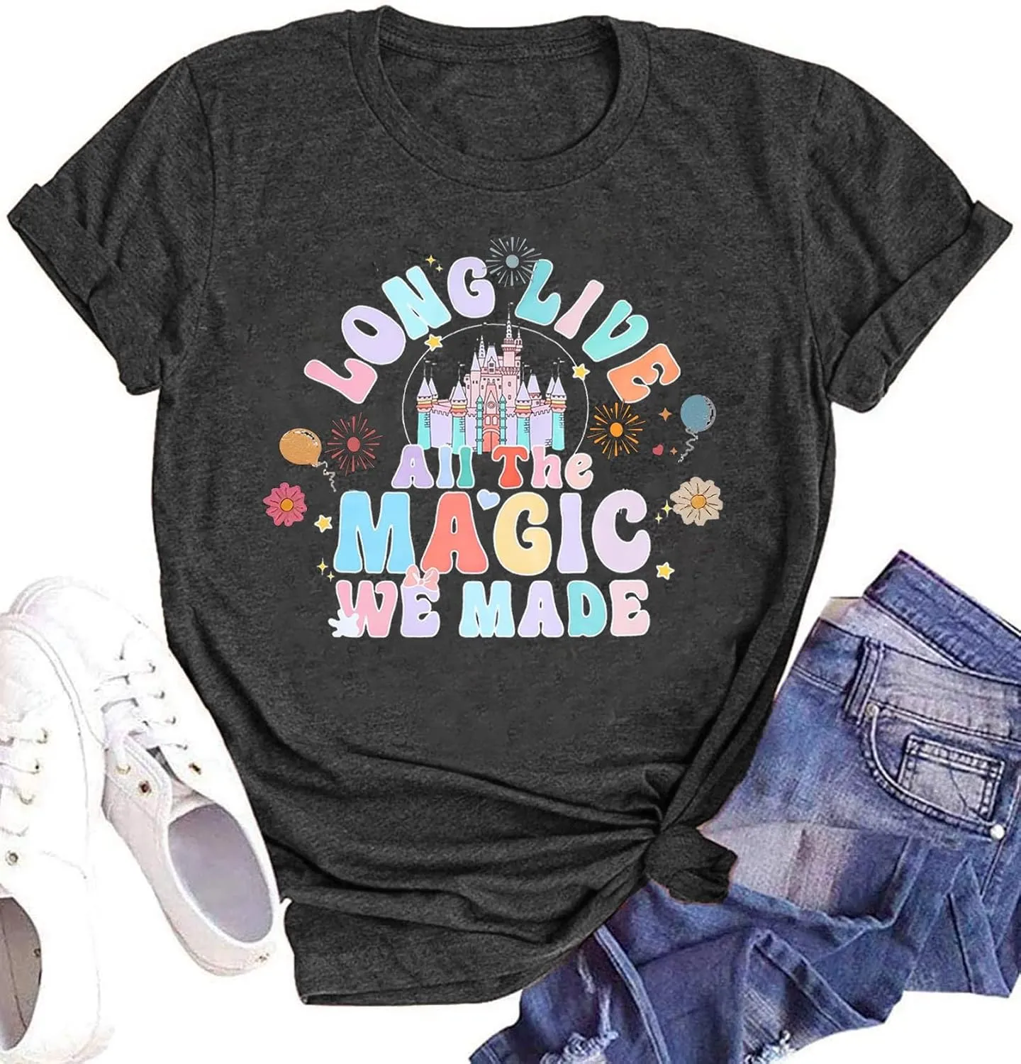 Magical Shirt for Women Magic Kingdom Tshirt Castle Flower Floral Graphic Family Vacation Holiday Short Sleeve Tee Tops