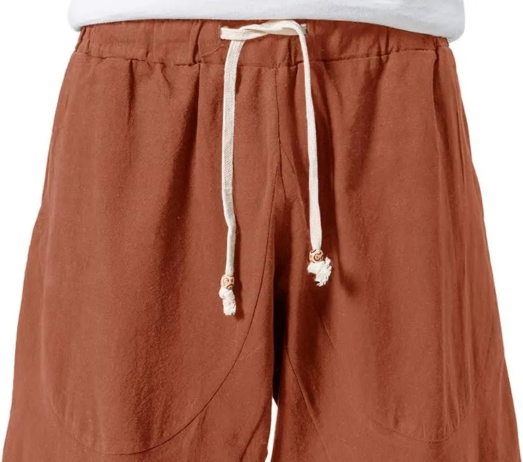 MAGNIVIT Men's Linen Cotton Capri Pants Loose Fit Elastic Waist Wide Leg Baggy Harem Pants
