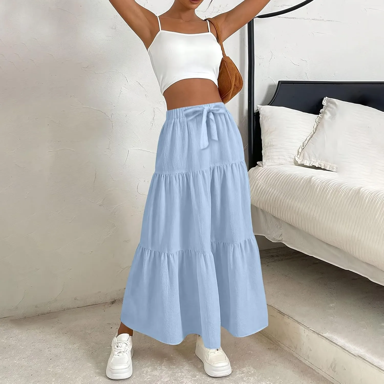 Maxi Skirts for Women 2025 Fashion Boho Long Skirt Summer Beach Swing Ruffle Tiered A-Line Pleated Elastic Waist