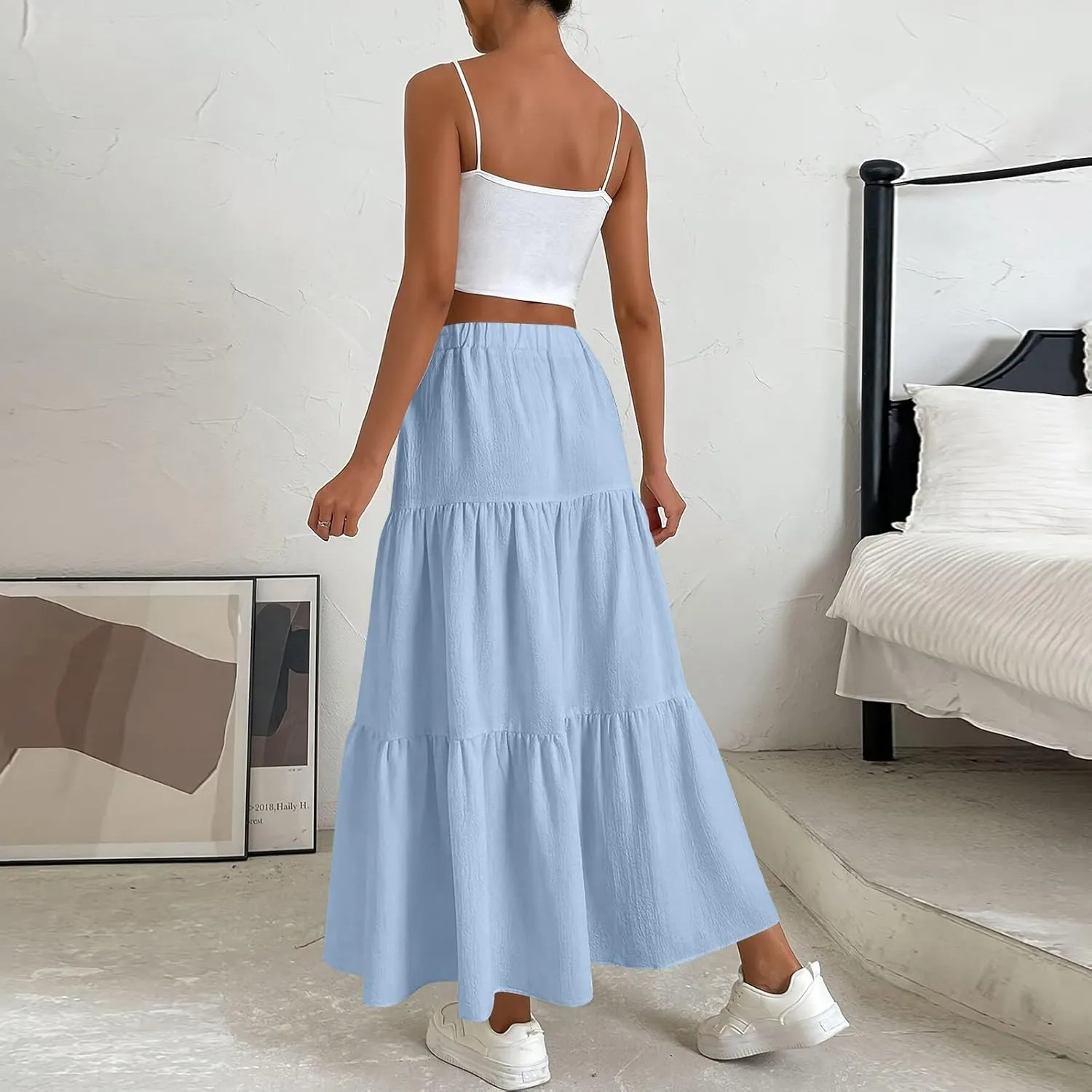 Maxi Skirts for Women 2025 Fashion Boho Long Skirt Summer Beach Swing Ruffle Tiered A-Line Pleated Elastic Waist