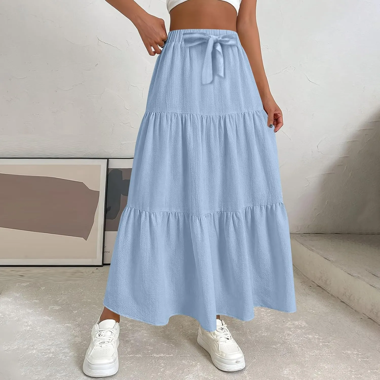 Maxi Skirts for Women 2025 Fashion Boho Long Skirt Summer Beach Swing Ruffle Tiered A-Line Pleated Elastic Waist
