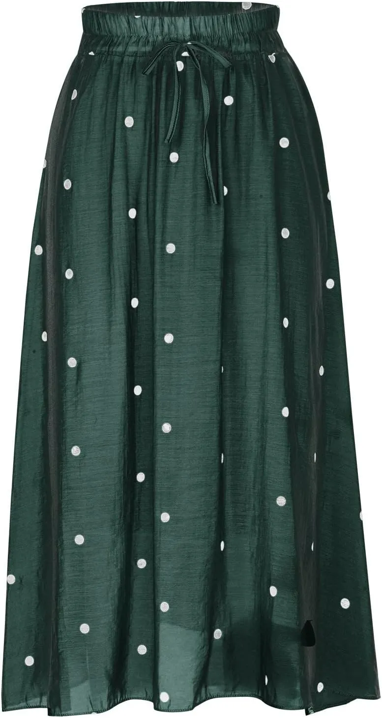 Maxi Skirts for Women Elegant Polka Dot Floral Boho Skirt Cotton Linen A-Line Swing Pleated Midi Long Skirt