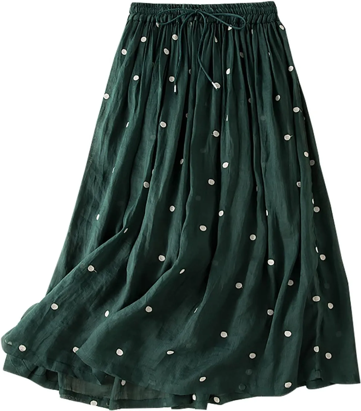 Maxi Skirts for Women Elegant Polka Dot Floral Boho Skirt Cotton Linen A-Line Swing Pleated Midi Long Skirt