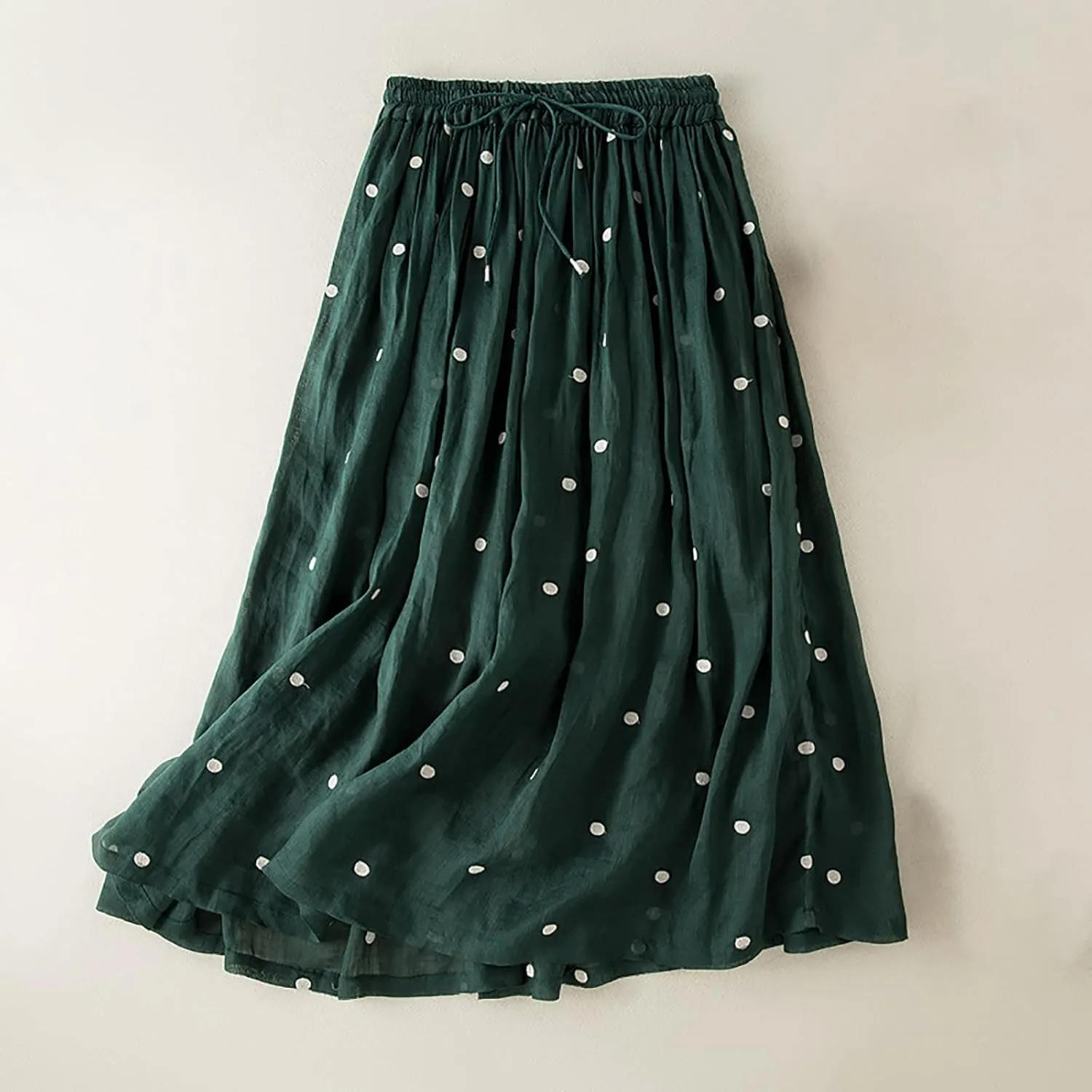 Maxi Skirts for Women Elegant Polka Dot Floral Boho Skirt Cotton Linen A-Line Swing Pleated Midi Long Skirt