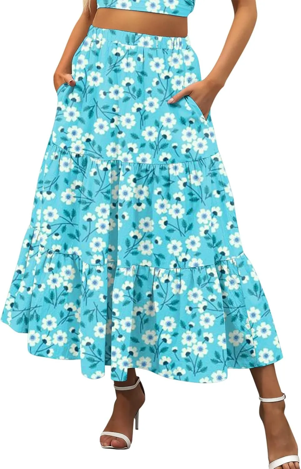 Maxi Skirts for Women Pleated Long Midi Skirt with Pockets Casual Summer High Waisted Flowy Trendy Boho A Line Skirts