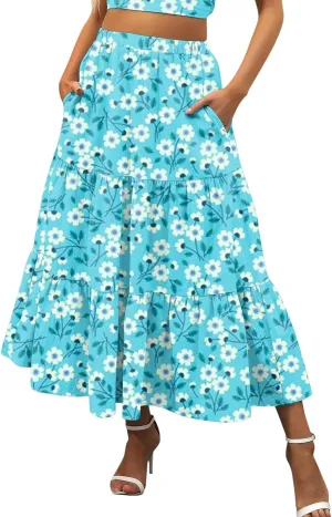 Maxi Skirts for Women Pleated Long Midi Skirt with Pockets Casual Summer High Waisted Flowy Trendy Boho A Line Skirts