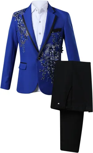 Mens 2 Pieces Luxury Applique Suits 1 Button Print Dinner Tuxedo Jacket Prom Wedding Elegant Blazer Dress Suit