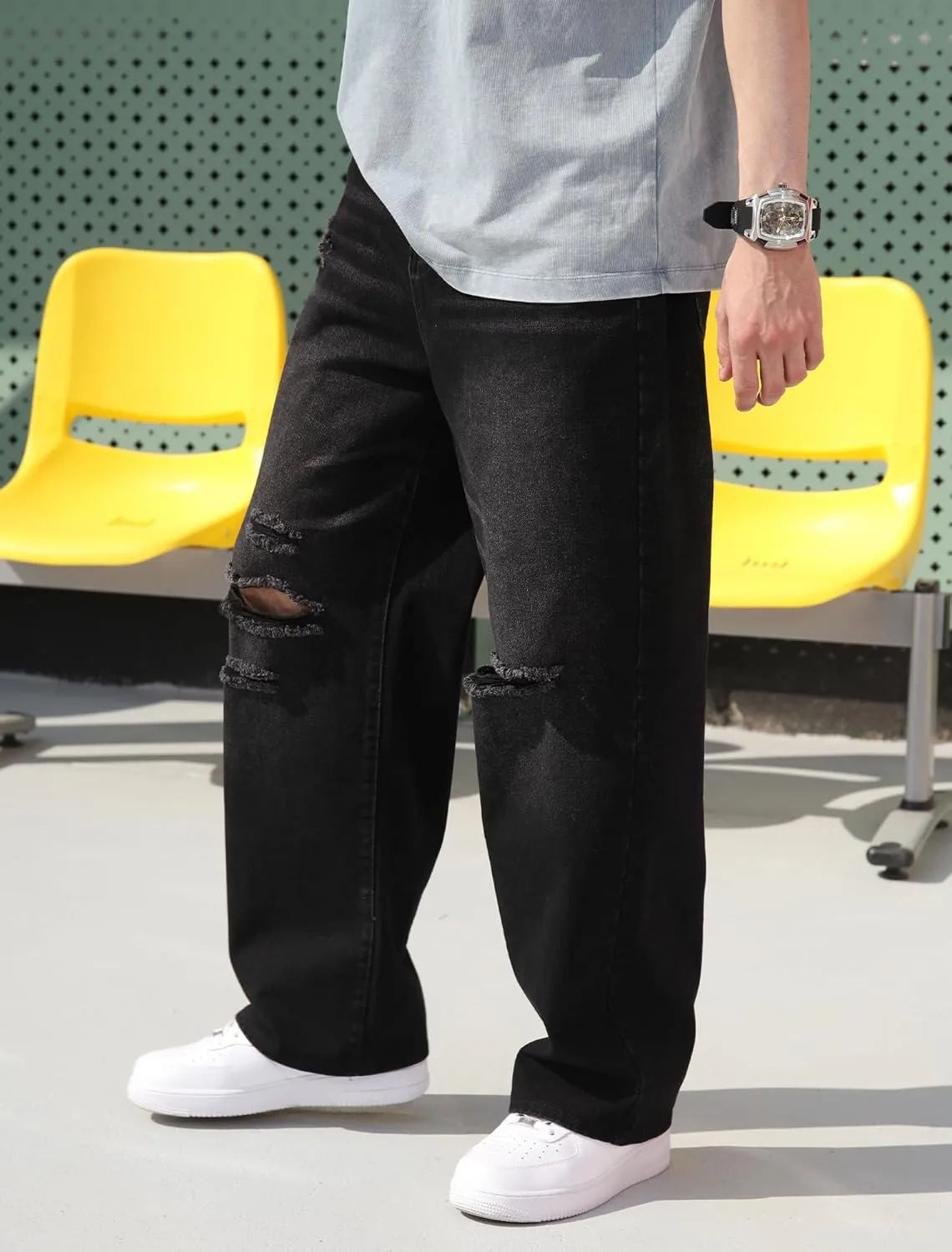 Men's Baggy Ripped Jeans Wide Leg Hip Hop Jeans Loose Fit Denim Pants Y2k Streetwear