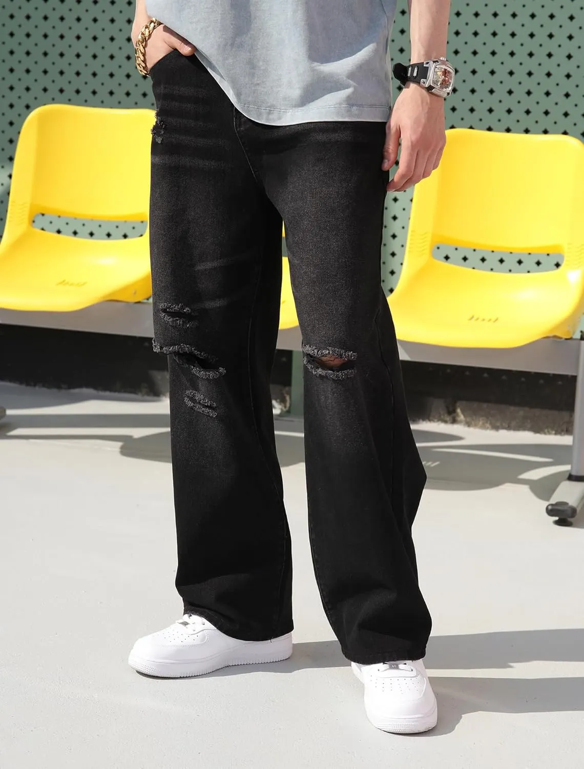 Men's Baggy Ripped Jeans Wide Leg Hip Hop Jeans Loose Fit Denim Pants Y2k Streetwear