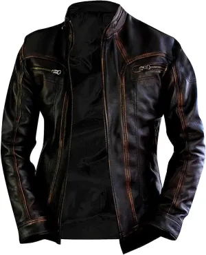 Men's Cafe Racer Genuine Leather Jacket - Distressed Retro Vintage Motorcycle Leather Jacket