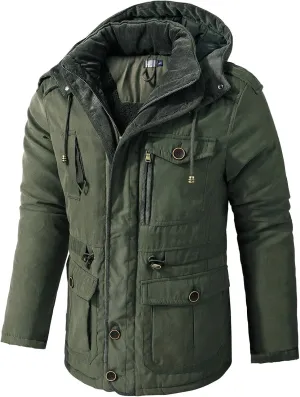 Men's Cargo Jacket 2024 Winter Warm Coats Fleece Lined Jackets with Removable Hood Ski Snow Mountain Windproof Overcoat