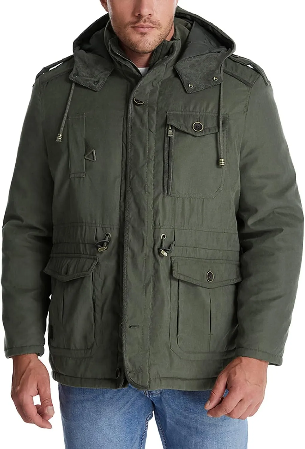 Men's Cargo Jacket 2024 Winter Warm Coats Fleece Lined Jackets with Removable Hood Ski Snow Mountain Windproof Overcoat