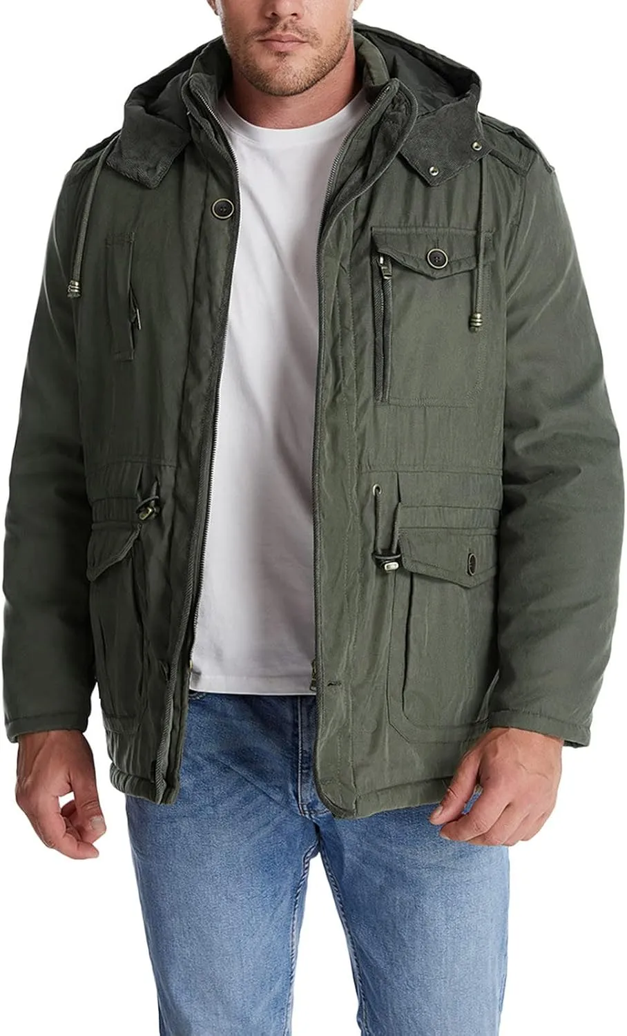Men's Cargo Jacket 2024 Winter Warm Coats Fleece Lined Jackets with Removable Hood Ski Snow Mountain Windproof Overcoat