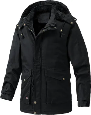 Men's Cargo Jacket 2024 Winter Warm Coats Fleece Lined Jackets with Removable Hood Ski Snow Mountain Windproof Overcoat
