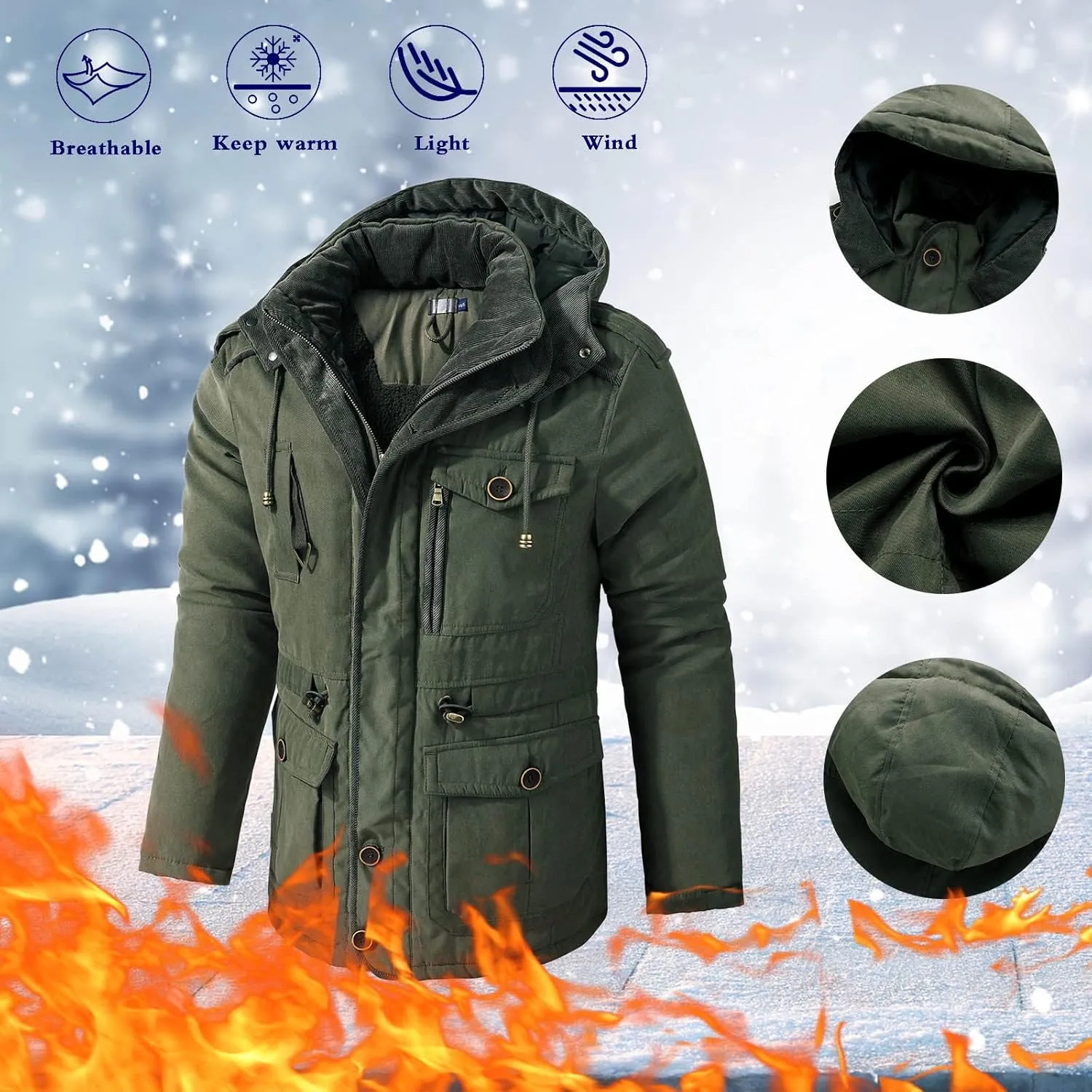 Men's Cargo Jacket 2024 Winter Warm Coats Fleece Lined Jackets with Removable Hood Ski Snow Mountain Windproof Overcoat