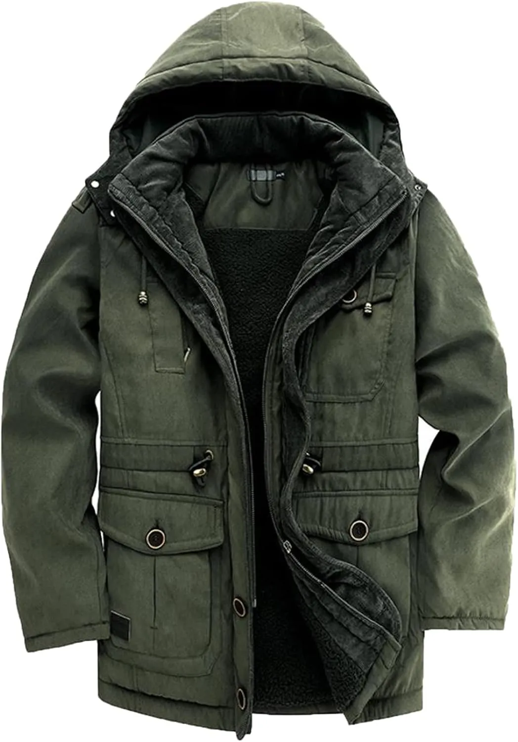 Men's Cargo Jacket 2024 Winter Warm Coats Fleece Lined Jackets with Removable Hood Ski Snow Mountain Windproof Overcoat