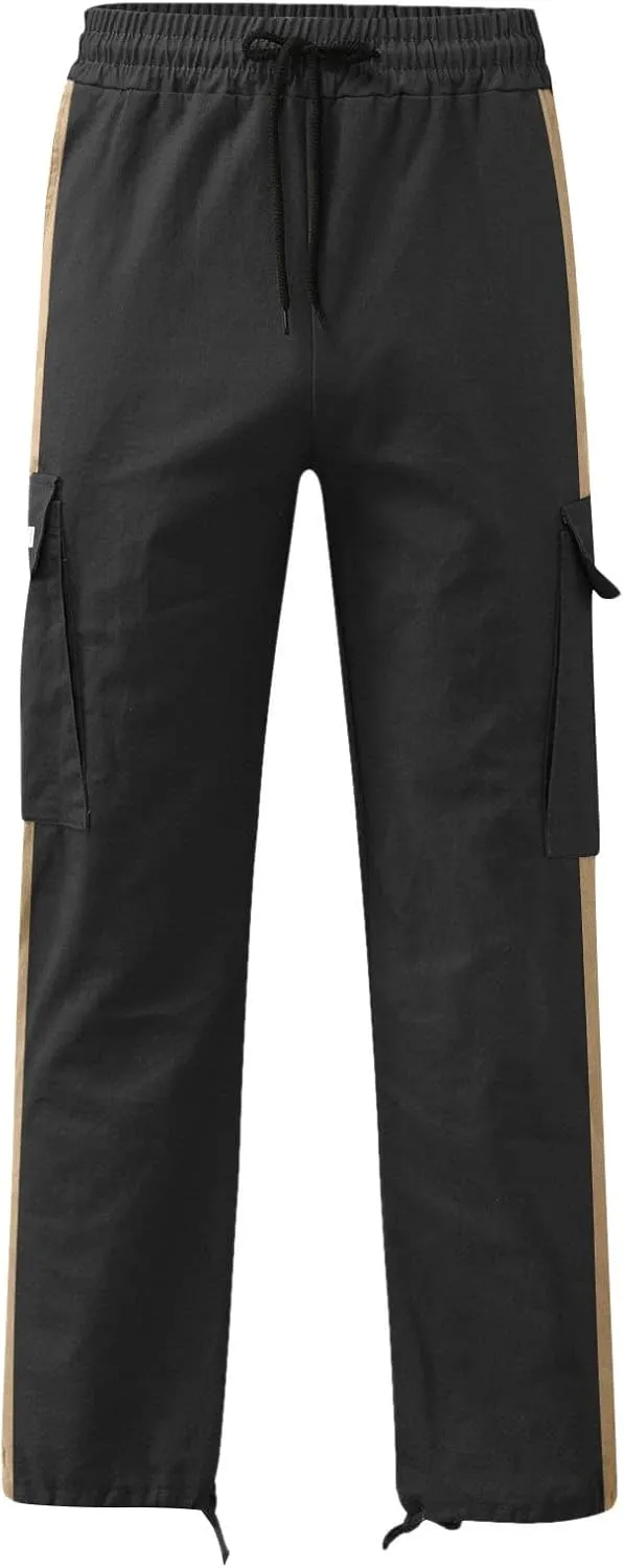 Mens Casual Cargo Pants Stretch Elastic Waist Drawstring Joggers Pants Tapered Sweatpants for Men Multi Pockets