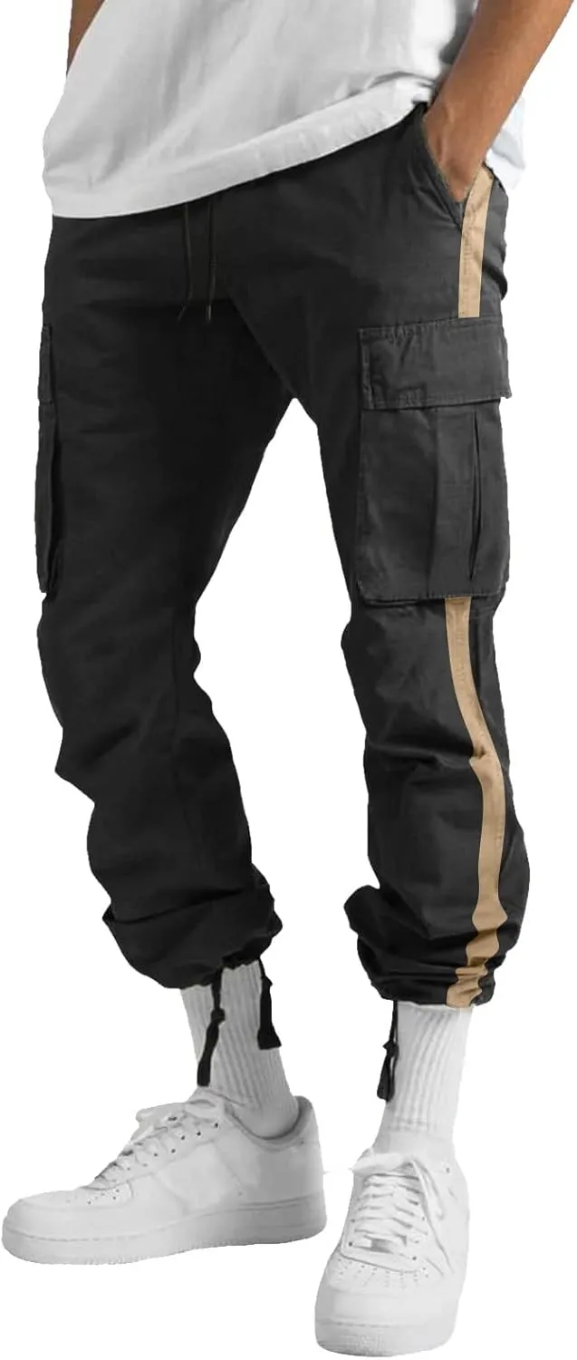 Mens Casual Cargo Pants Stretch Elastic Waist Drawstring Joggers Pants Tapered Sweatpants for Men Multi Pockets
