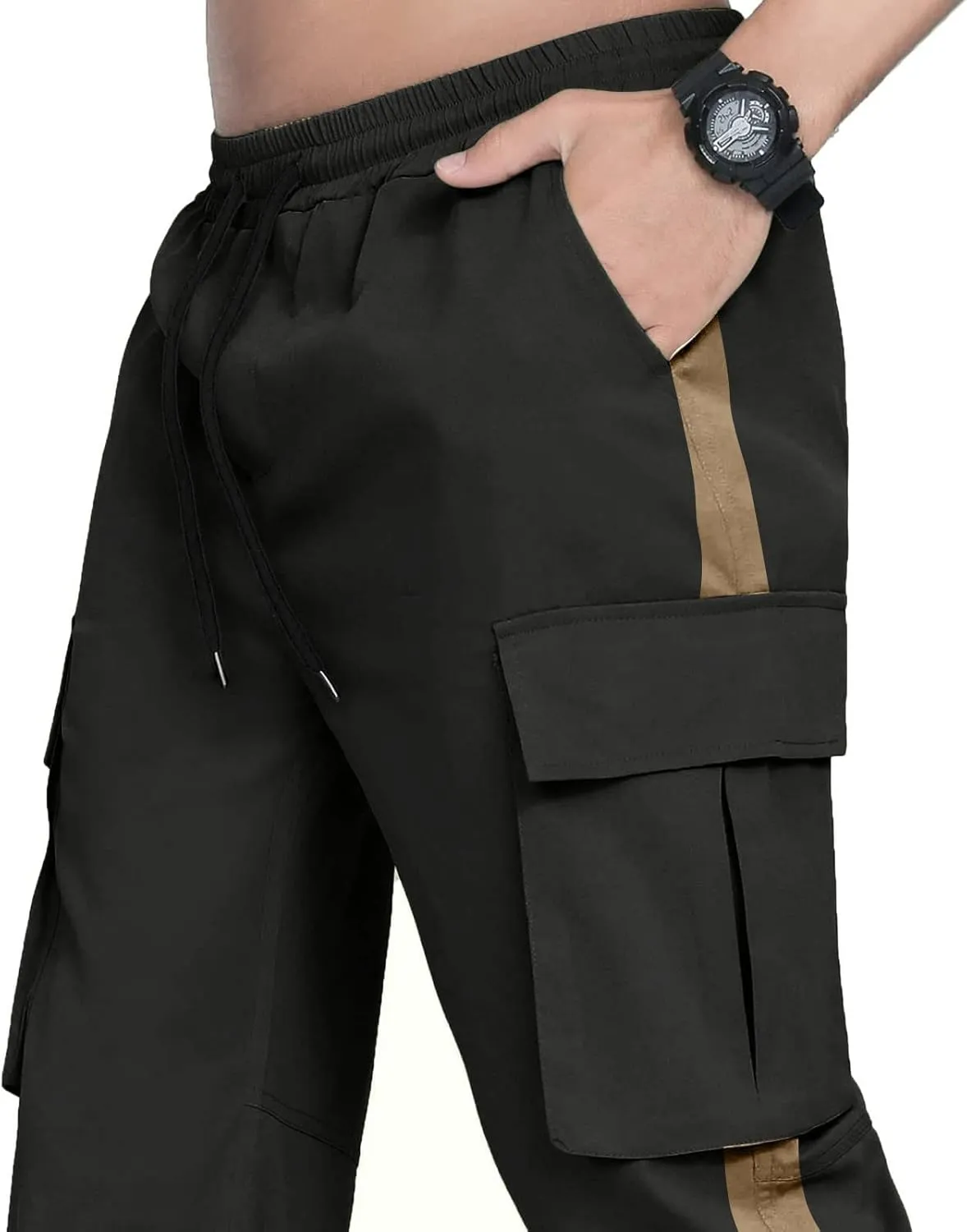 Mens Casual Cargo Pants Stretch Elastic Waist Drawstring Joggers Pants Tapered Sweatpants for Men Multi Pockets