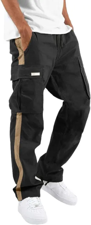 Mens Casual Cargo Pants Stretch Elastic Waist Drawstring Joggers Pants Tapered Sweatpants for Men Multi Pockets