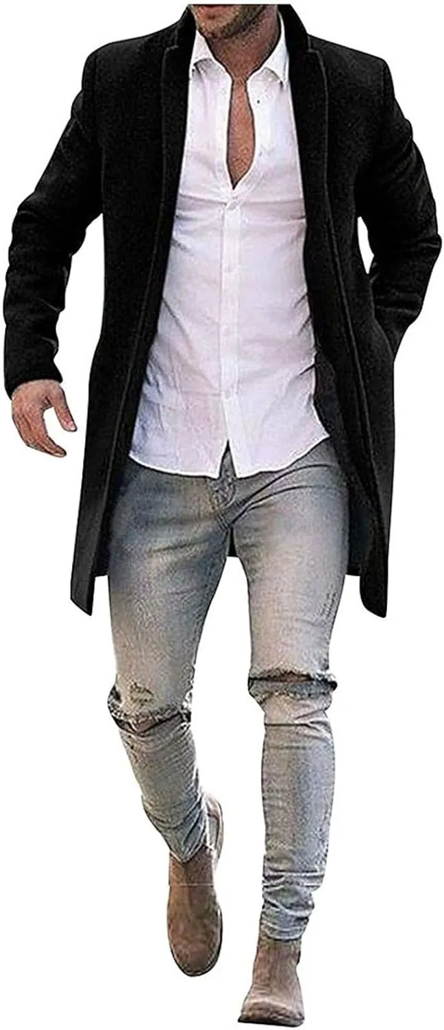 Men's Casual Color Block Trench Coat Slim Fit Notched Collar Long Jacket Overcoat Single Breasted Peacoat wih Pocket
