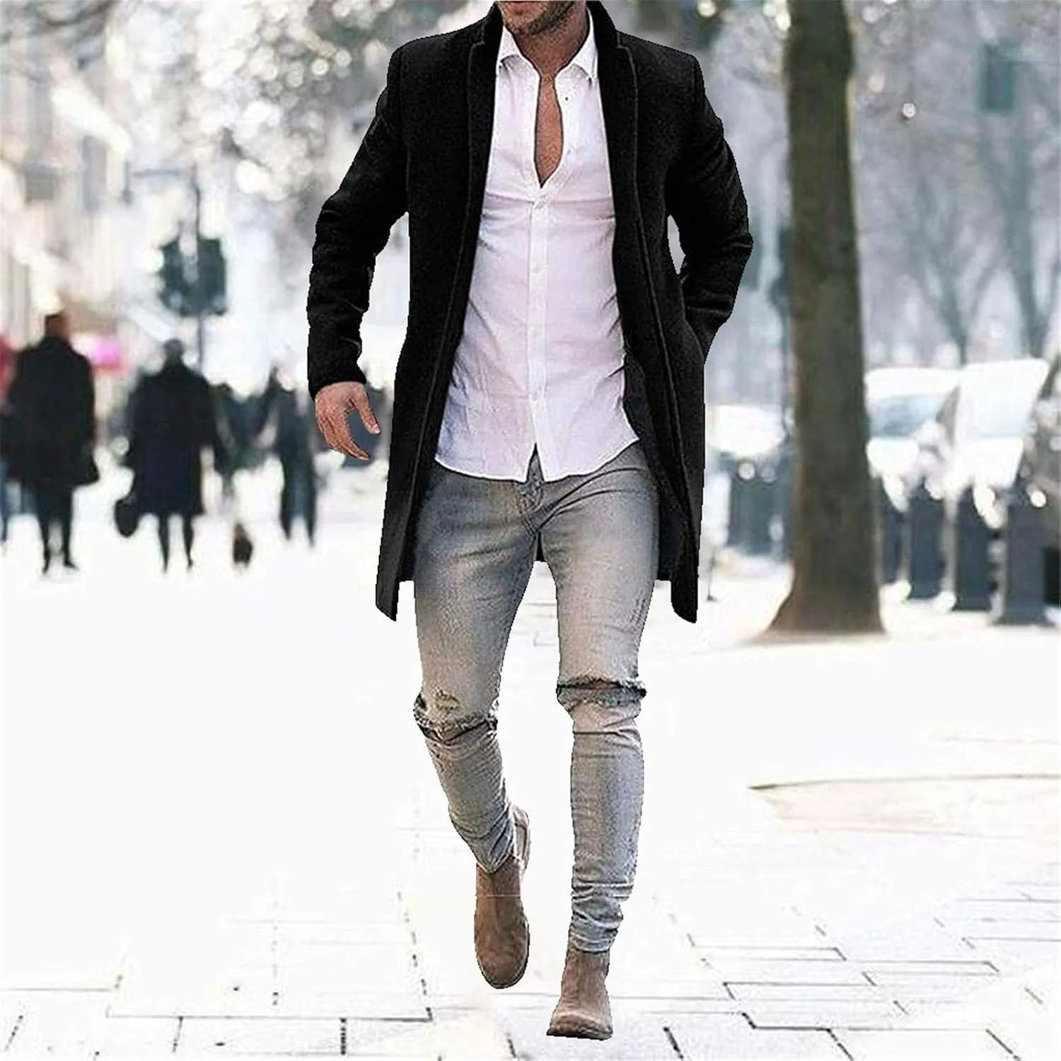 Men's Casual Color Block Trench Coat Slim Fit Notched Collar Long Jacket Overcoat Single Breasted Peacoat wih Pocket