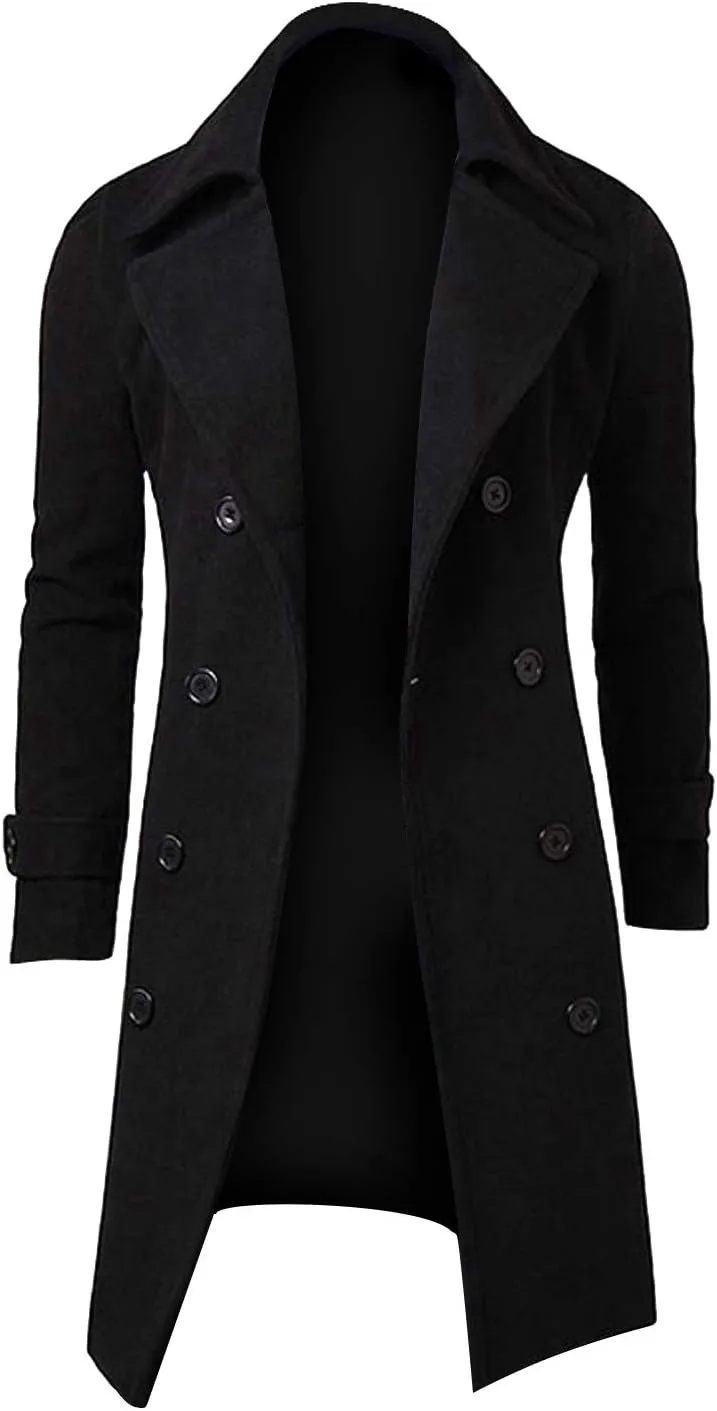 Men's Classic Wool Blend Pea Coat Double Breasted Mid Long Trench Coat Winter Slim Fit Business Pea Jacket Overcoat