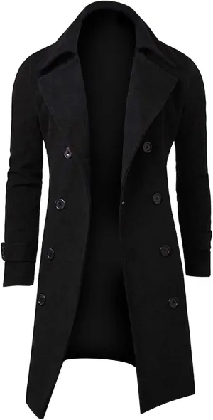Men's Classic Wool Blend Pea Coat Double Breasted Mid Long Trench Coat Winter Slim Fit Business Pea Jacket Overcoat