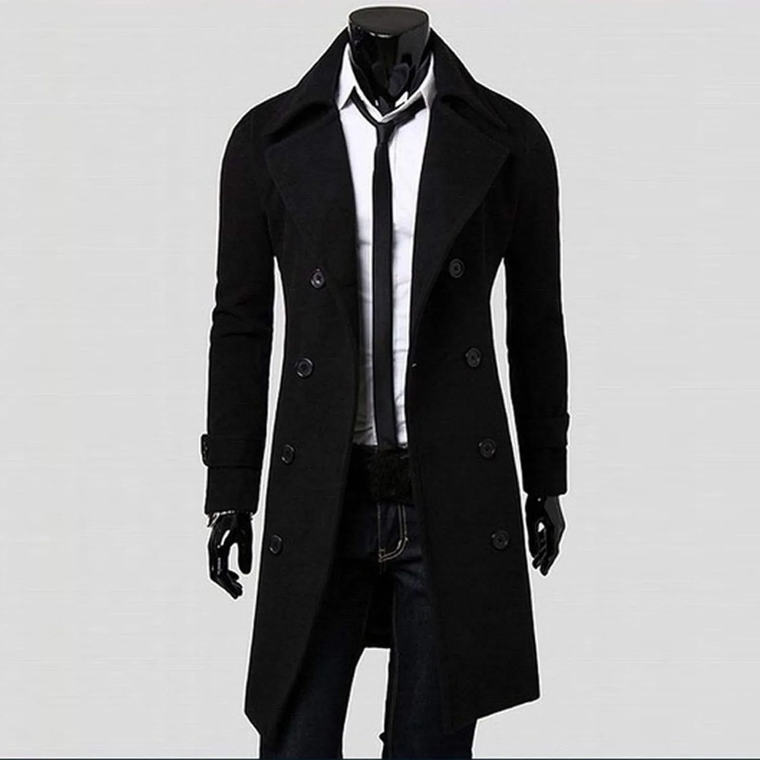 Men's Classic Wool Blend Pea Coat Double Breasted Mid Long Trench Coat Winter Slim Fit Business Pea Jacket Overcoat