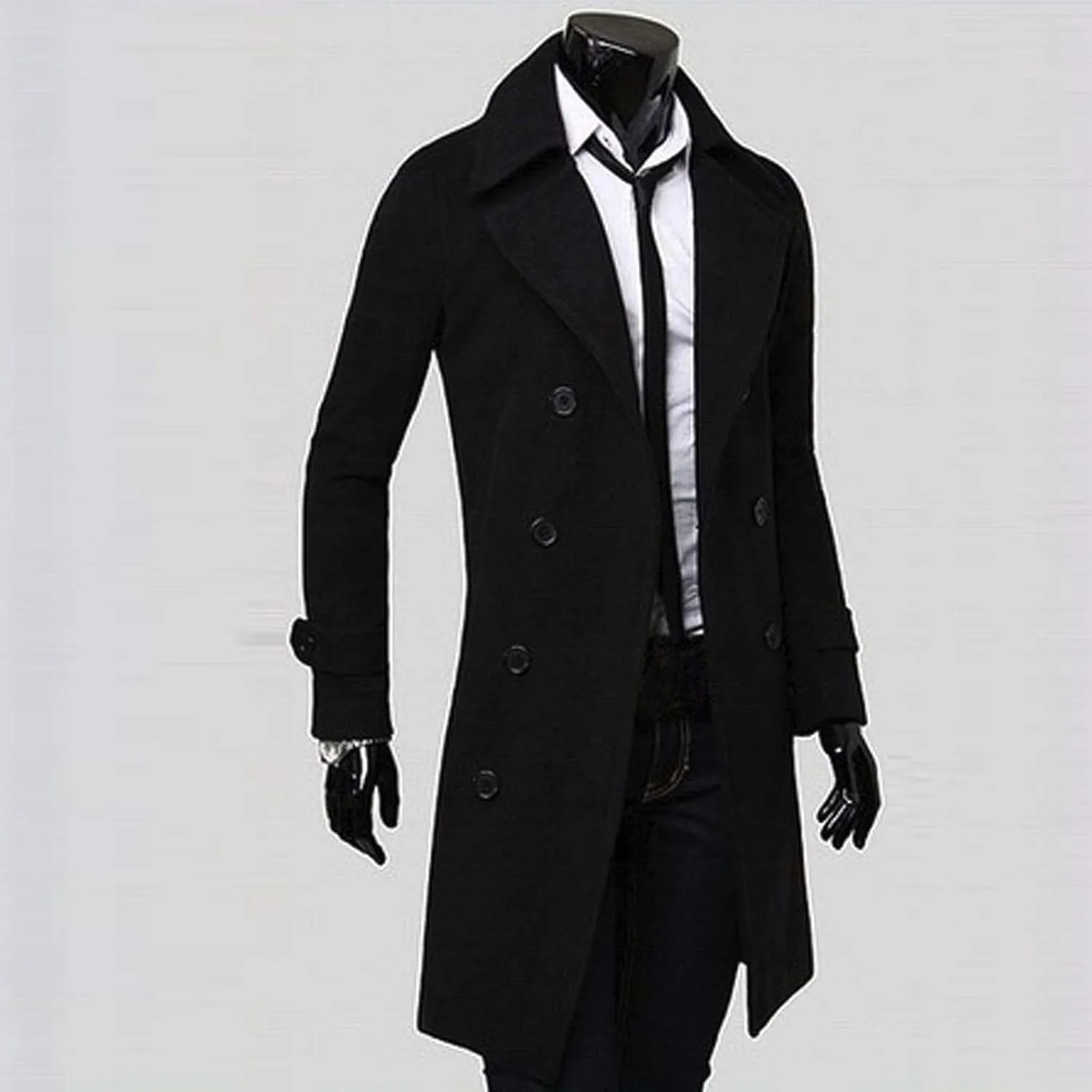 Men's Classic Wool Blend Pea Coat Double Breasted Mid Long Trench Coat Winter Slim Fit Business Pea Jacket Overcoat