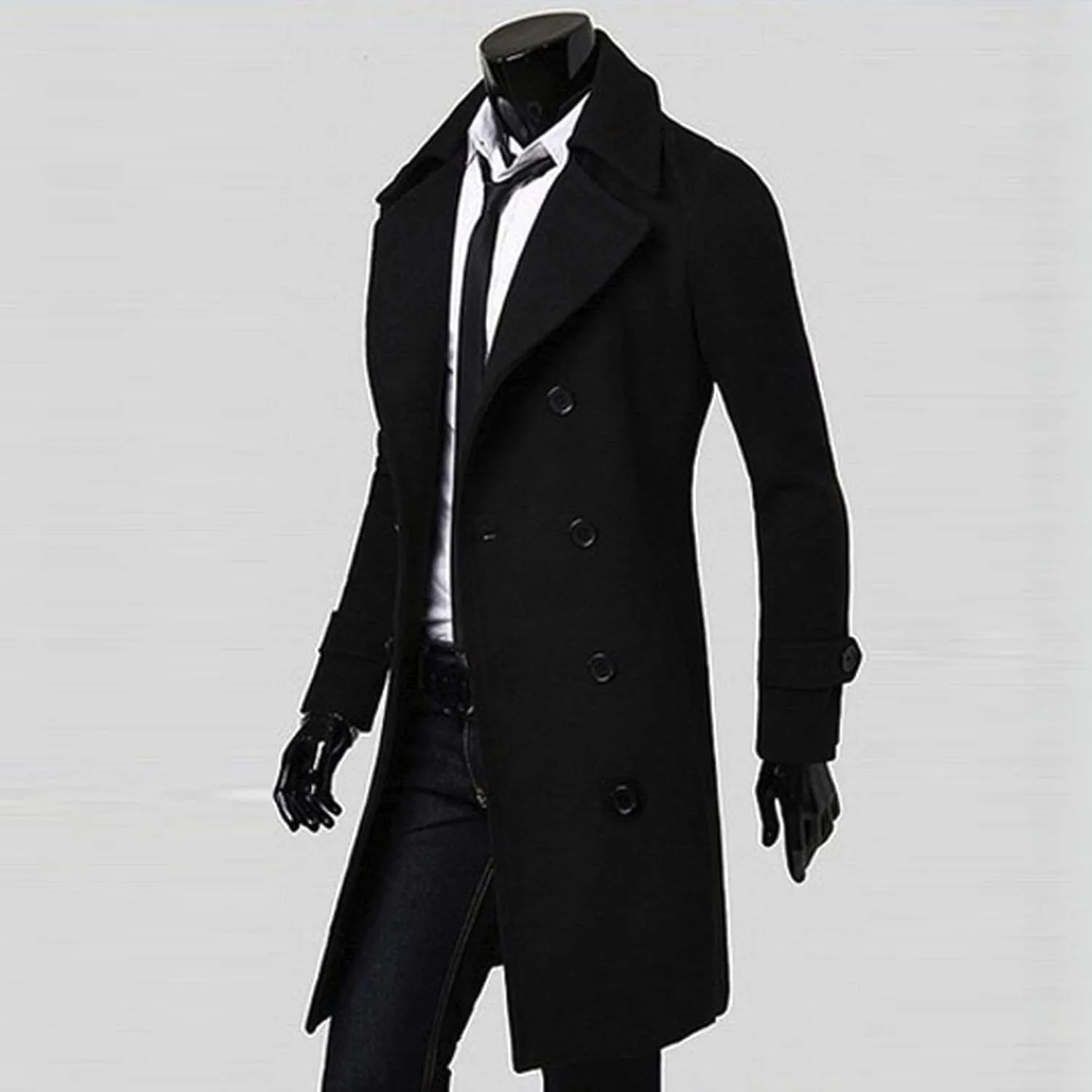 Men's Classic Wool Blend Pea Coat Double Breasted Mid Long Trench Coat Winter Slim Fit Business Pea Jacket Overcoat