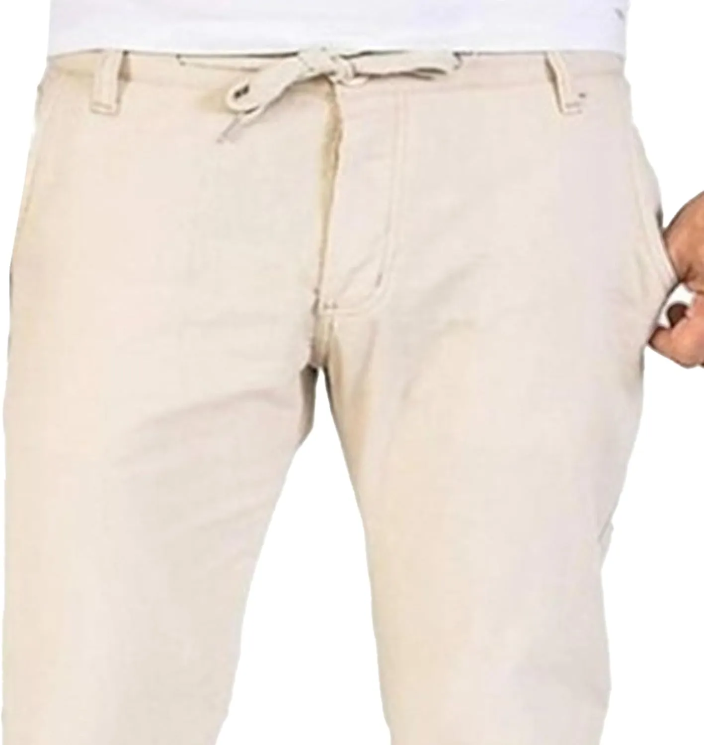 Men's Cotton Linen Baggy Hiking Pants Casual Solid Drawstring Trousers Straight Leg Summer Outdoor Pants