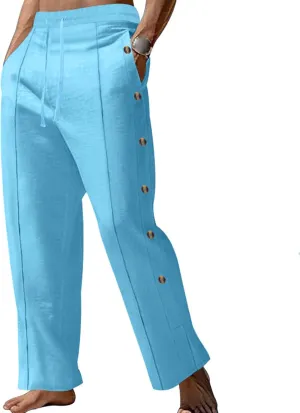 Mens Cotton Linen Trousers Button Elastic Waist Drawstring Casual Trendy Breathable Summer Beach Pants with Pockets