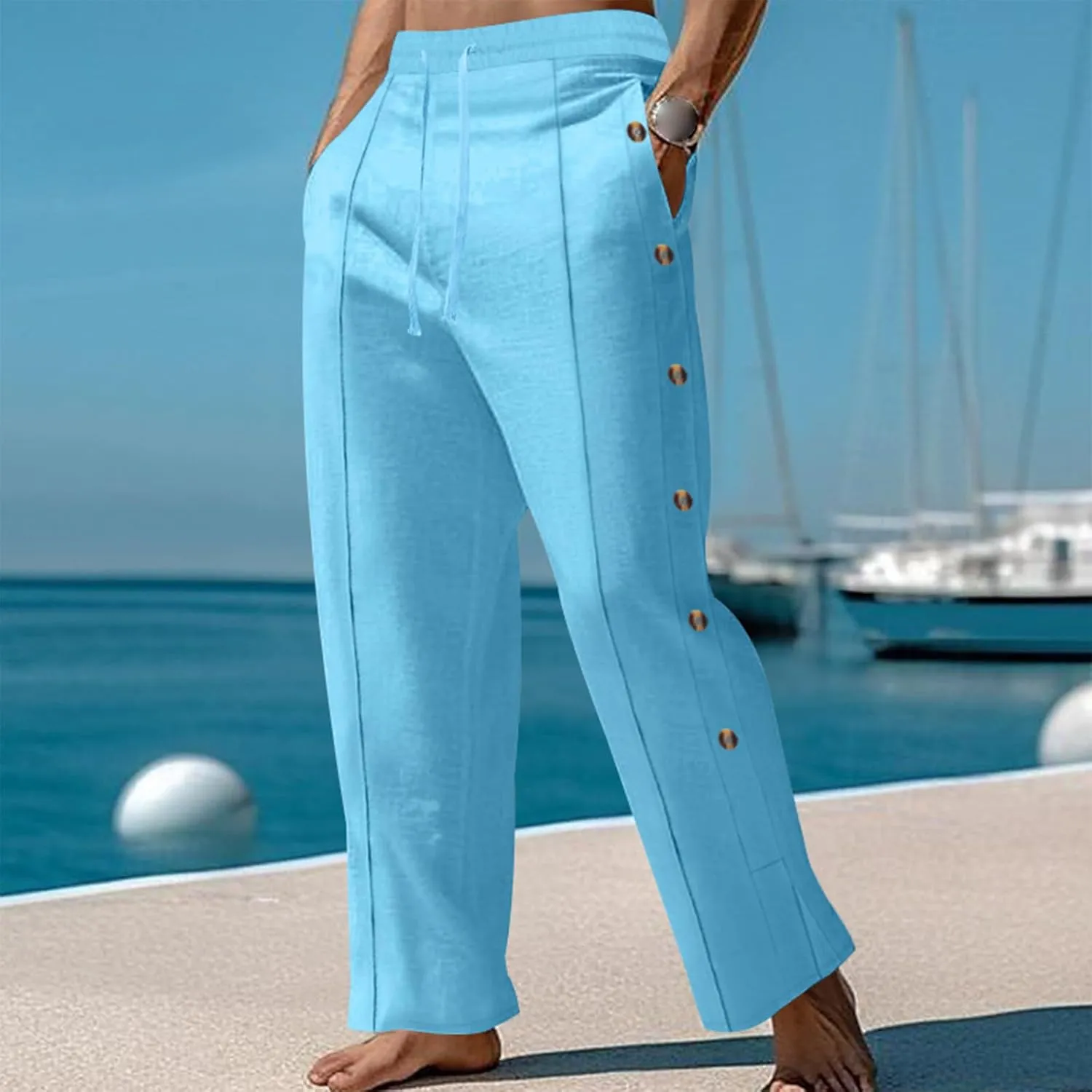 Mens Cotton Linen Trousers Button Elastic Waist Drawstring Casual Trendy Breathable Summer Beach Pants with Pockets