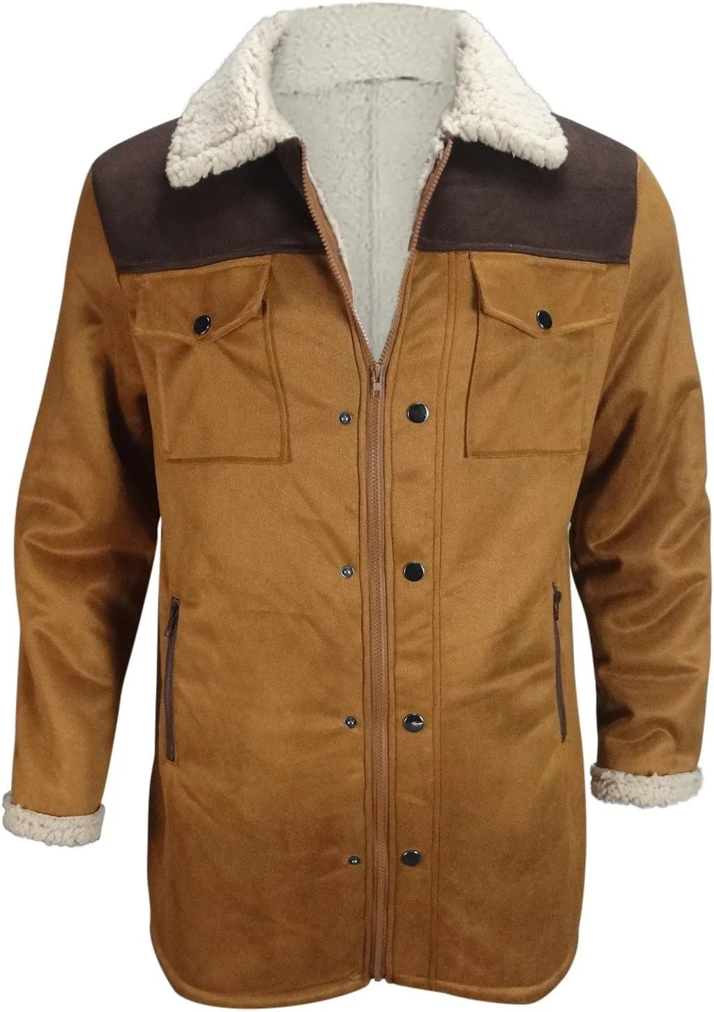 Men's Faux Shearling Sherpa Lined Overcoat Retro Faux Suede Trench Coat Notched Collar Pea Coat Button Down Outerwear