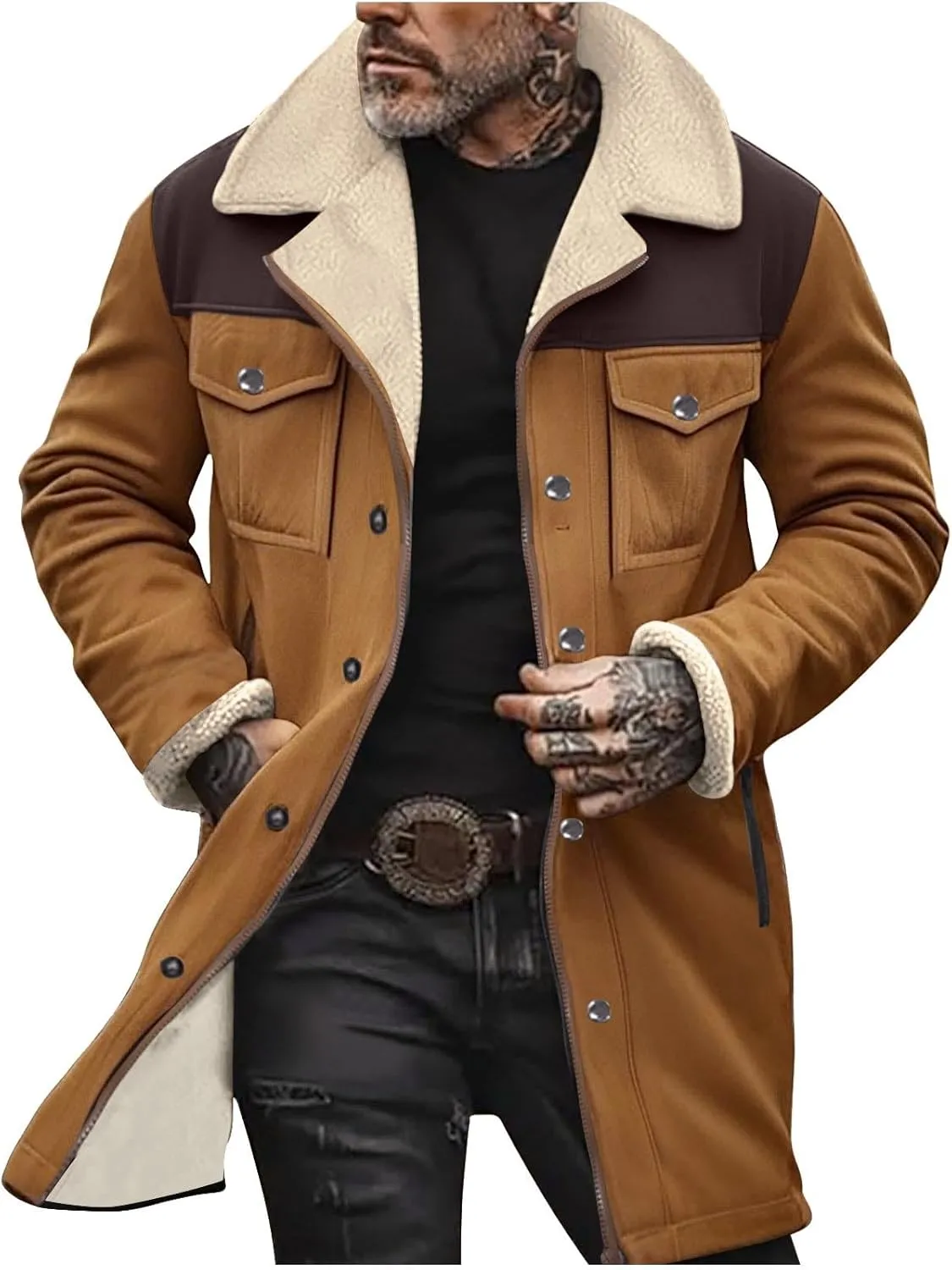 Men's Faux Shearling Sherpa Lined Overcoat Retro Faux Suede Trench Coat Notched Collar Pea Coat Button Down Outerwear