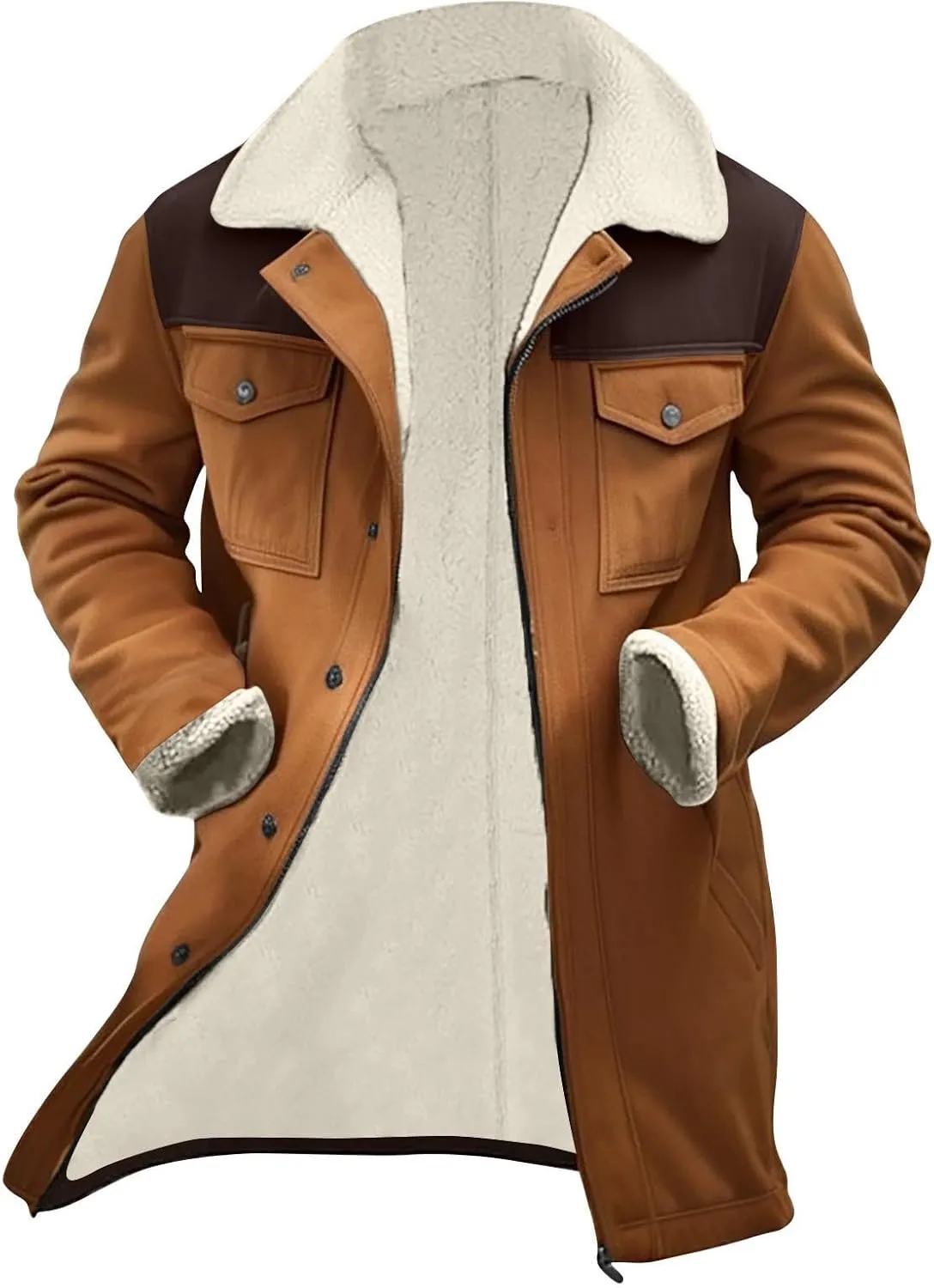 Men's Faux Shearling Sherpa Lined Overcoat Retro Faux Suede Trench Coat Notched Collar Pea Coat Button Down Outerwear