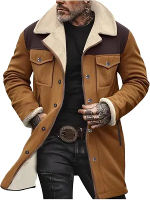 Men's Faux Shearling Sherpa Lined Overcoat Retro Faux Suede Trench Coat Notched Collar Pea Coat Button Down Outerwear