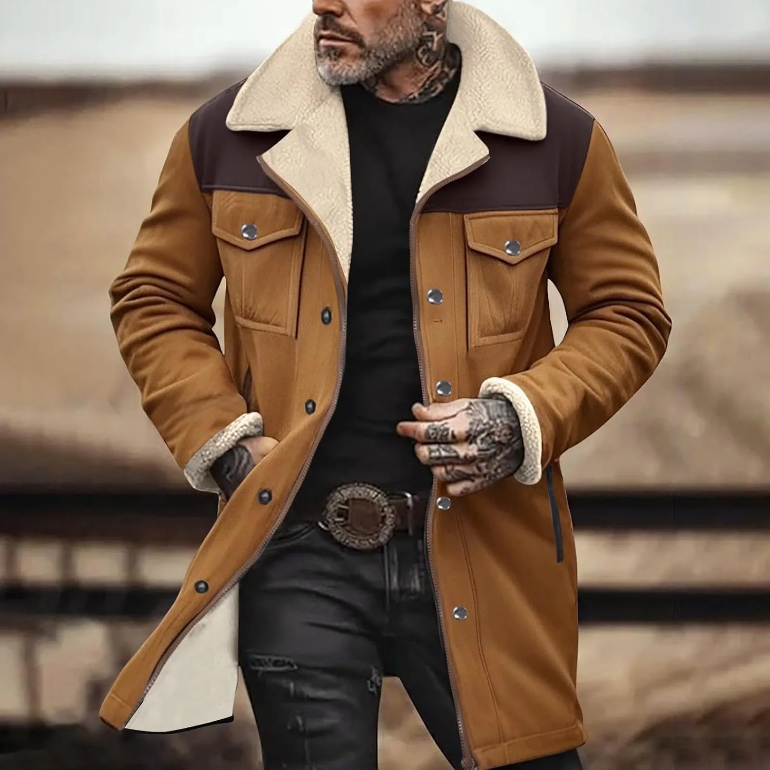 Men's Faux Shearling Sherpa Lined Overcoat Retro Faux Suede Trench Coat Notched Collar Pea Coat Button Down Outerwear