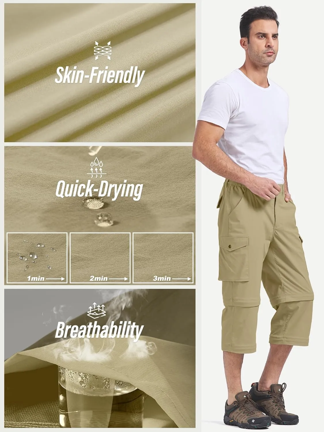 Mens Hiking Pants Convertible Quick-Dry-Stretch-Lightweight Zip-Off Outdoor Waterproof Safari Scouts Fishing Pants