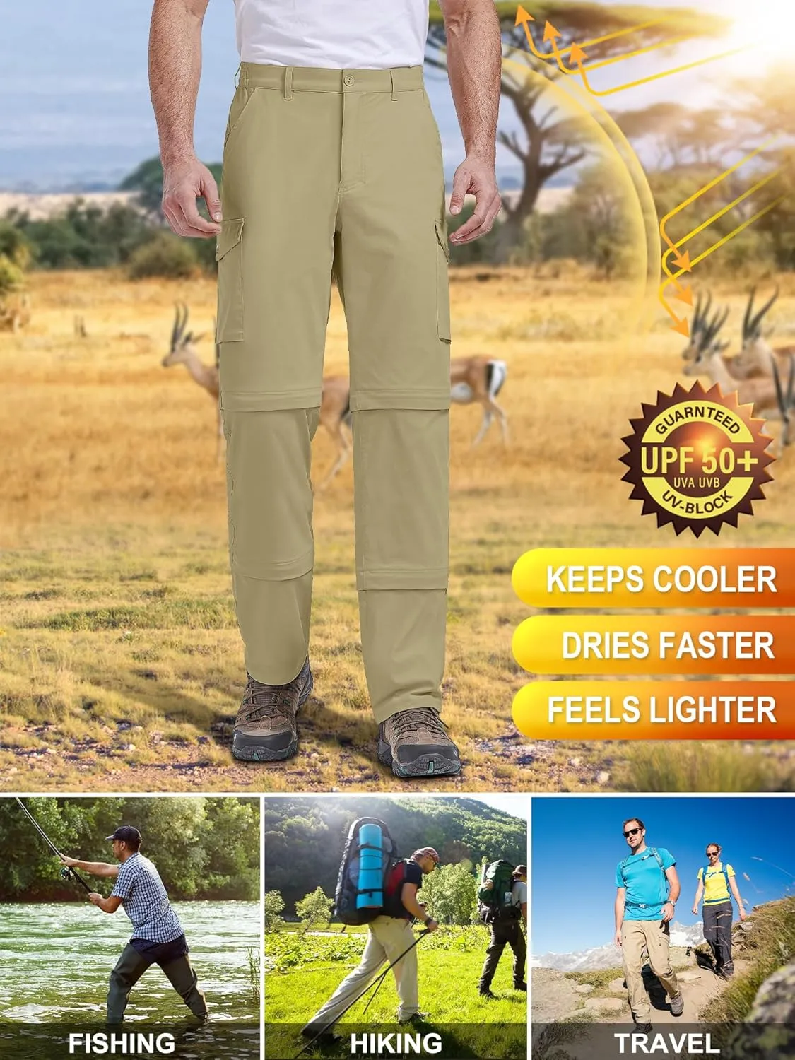 Mens Hiking Pants Convertible Quick-Dry-Stretch-Lightweight Zip-Off Outdoor Waterproof Safari Scouts Fishing Pants