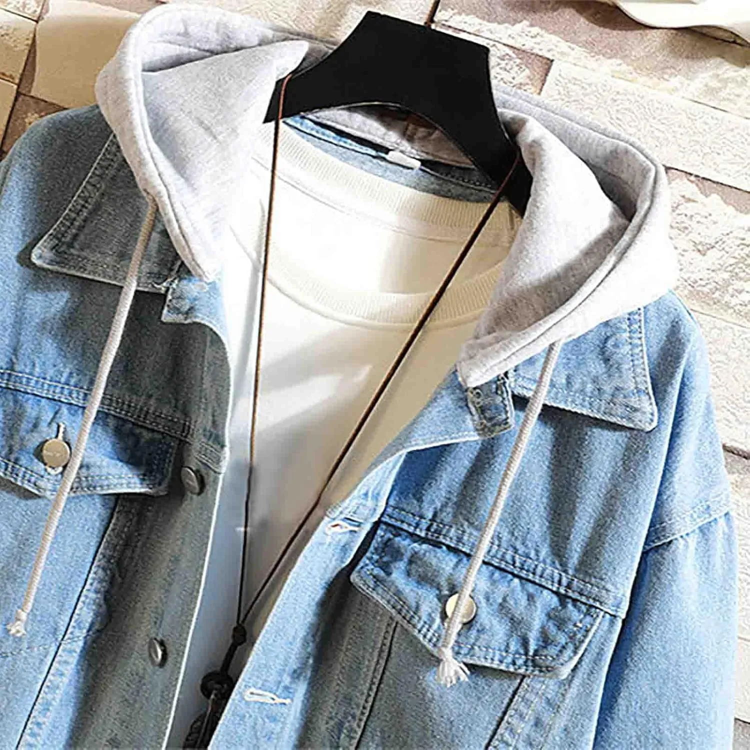 Mens Hooded Denim Jacket, Washed Ripped Distressed Stretch Casual Jeans Jacket for Men, Jean Jacket Coat for Men