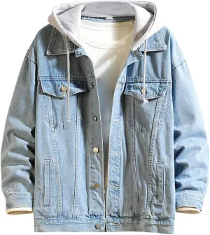 Mens Hooded Denim Jacket, Washed Ripped Distressed Stretch Casual Jeans Jacket for Men, Jean Jacket Coat for Men