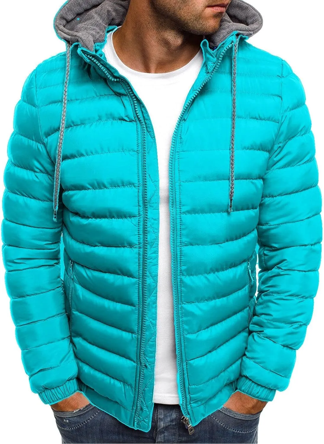 Men's Hooded Winter Coat Lightweight Packable Puffer Jacket Warm Full Zip Down Coat Snow Ski Jacket for Cold Weather