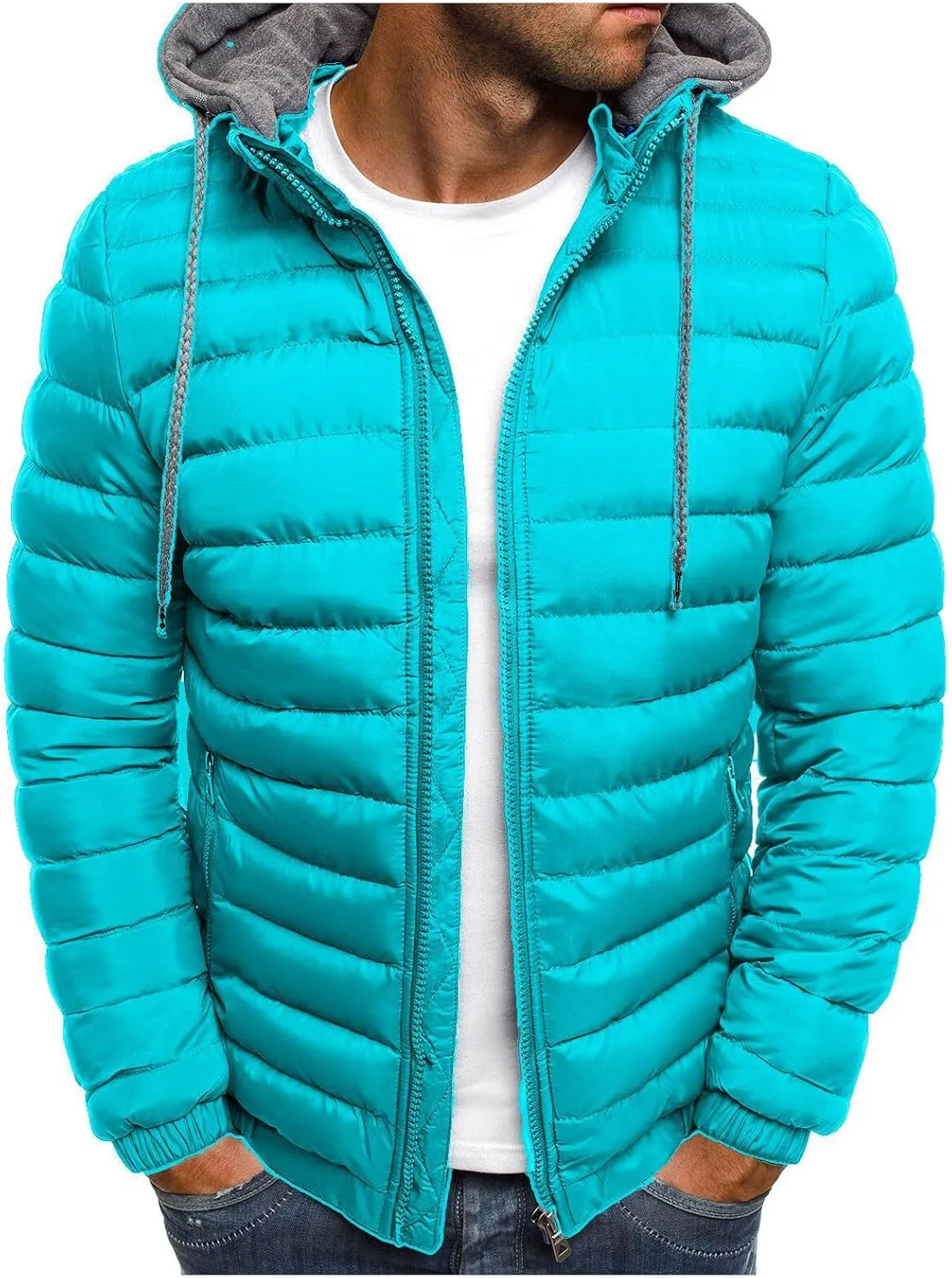 Men's Hooded Winter Coat Lightweight Packable Puffer Jacket Warm Full Zip Down Coat Snow Ski Jacket for Cold Weather