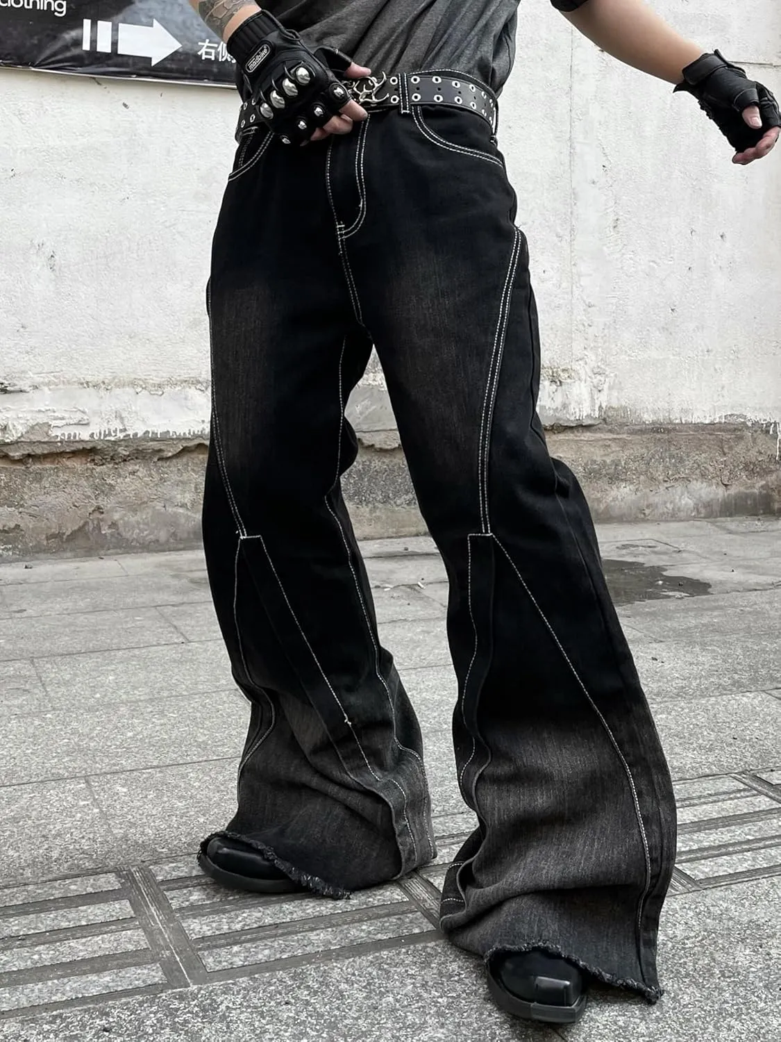 Mens Irregular Sutures Flared Jeans Bell Bottom Jeans Disco Pants 60s 70s Retro Trousers