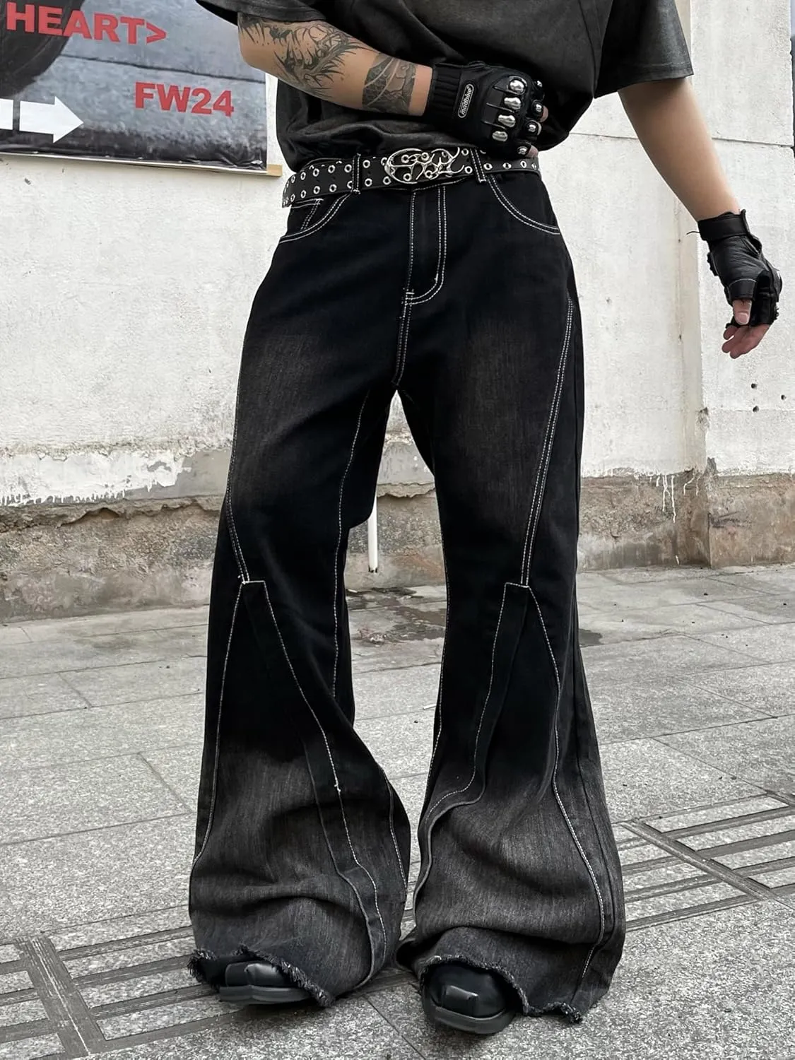 Mens Irregular Sutures Flared Jeans Bell Bottom Jeans Disco Pants 60s 70s Retro Trousers