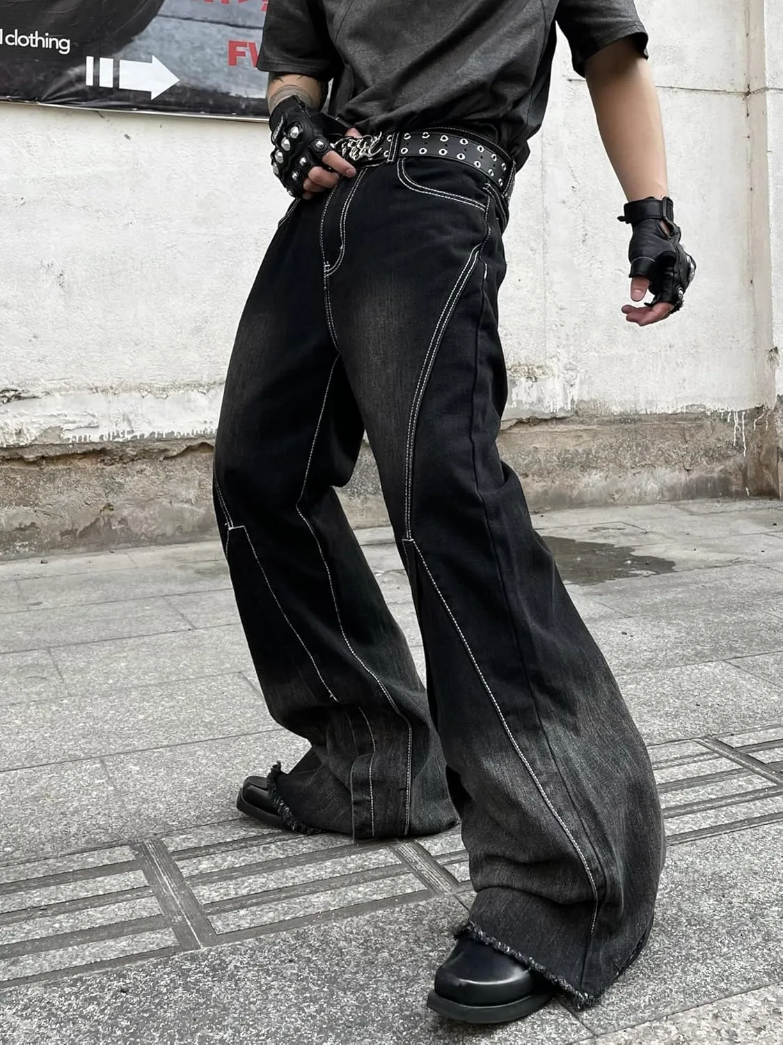 Mens Irregular Sutures Flared Jeans Bell Bottom Jeans Disco Pants 60s 70s Retro Trousers