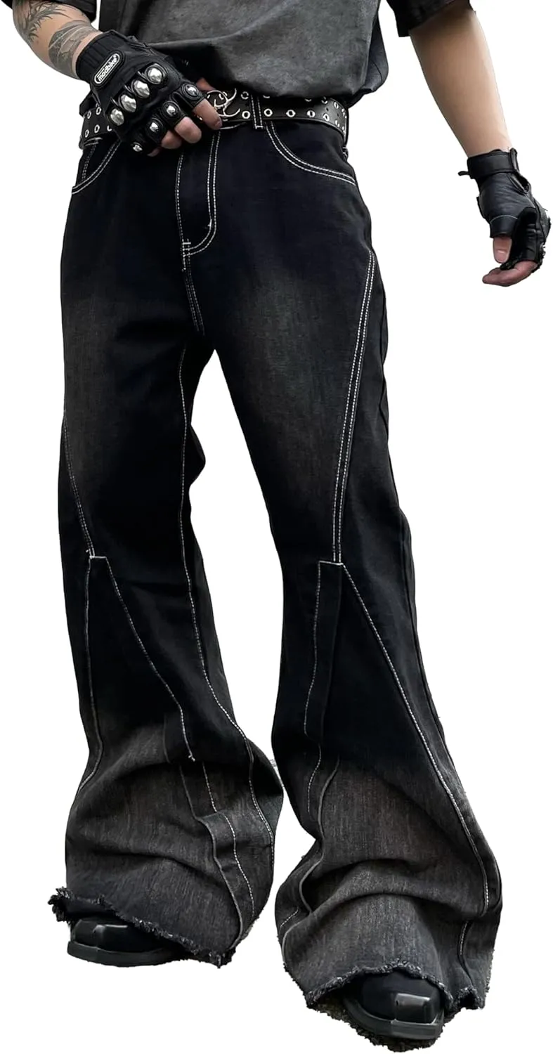 Mens Irregular Sutures Flared Jeans Bell Bottom Jeans Disco Pants 60s 70s Retro Trousers