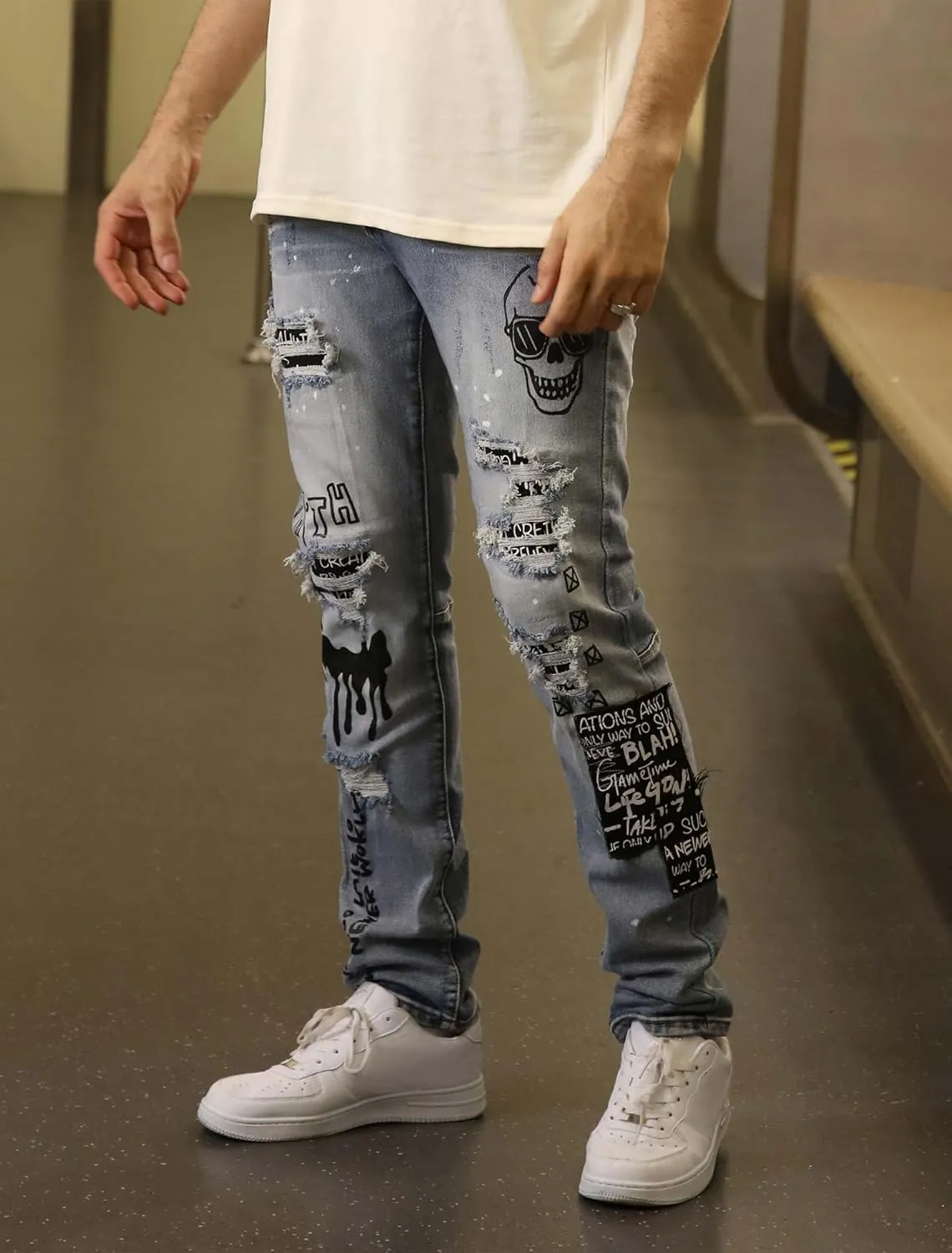 Men's Slim Fit Jeans Skinny Stretch Ripped Jeans Streetwear Distressed Destoryed Denim Pants